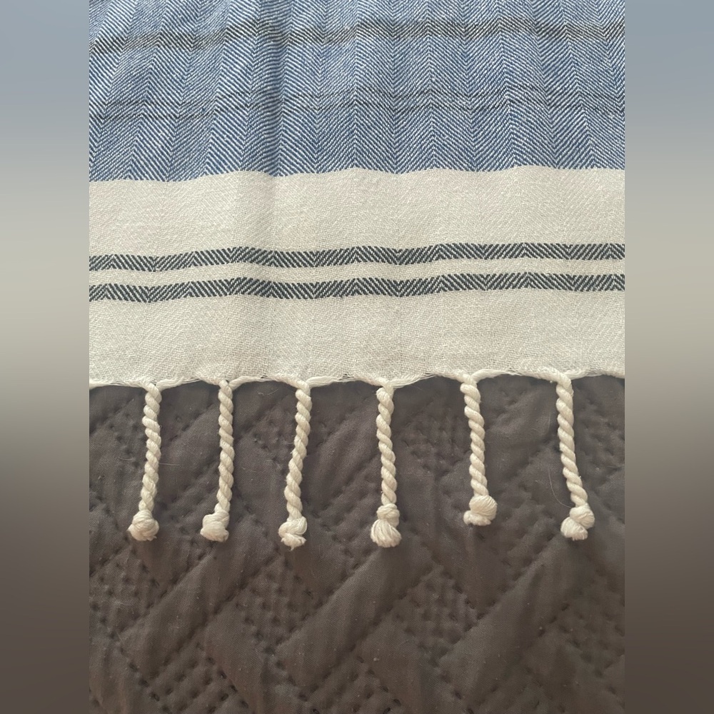 Striped Blue and White Cotton Throw Blanket - Home Bedding - Picture 3 of 6